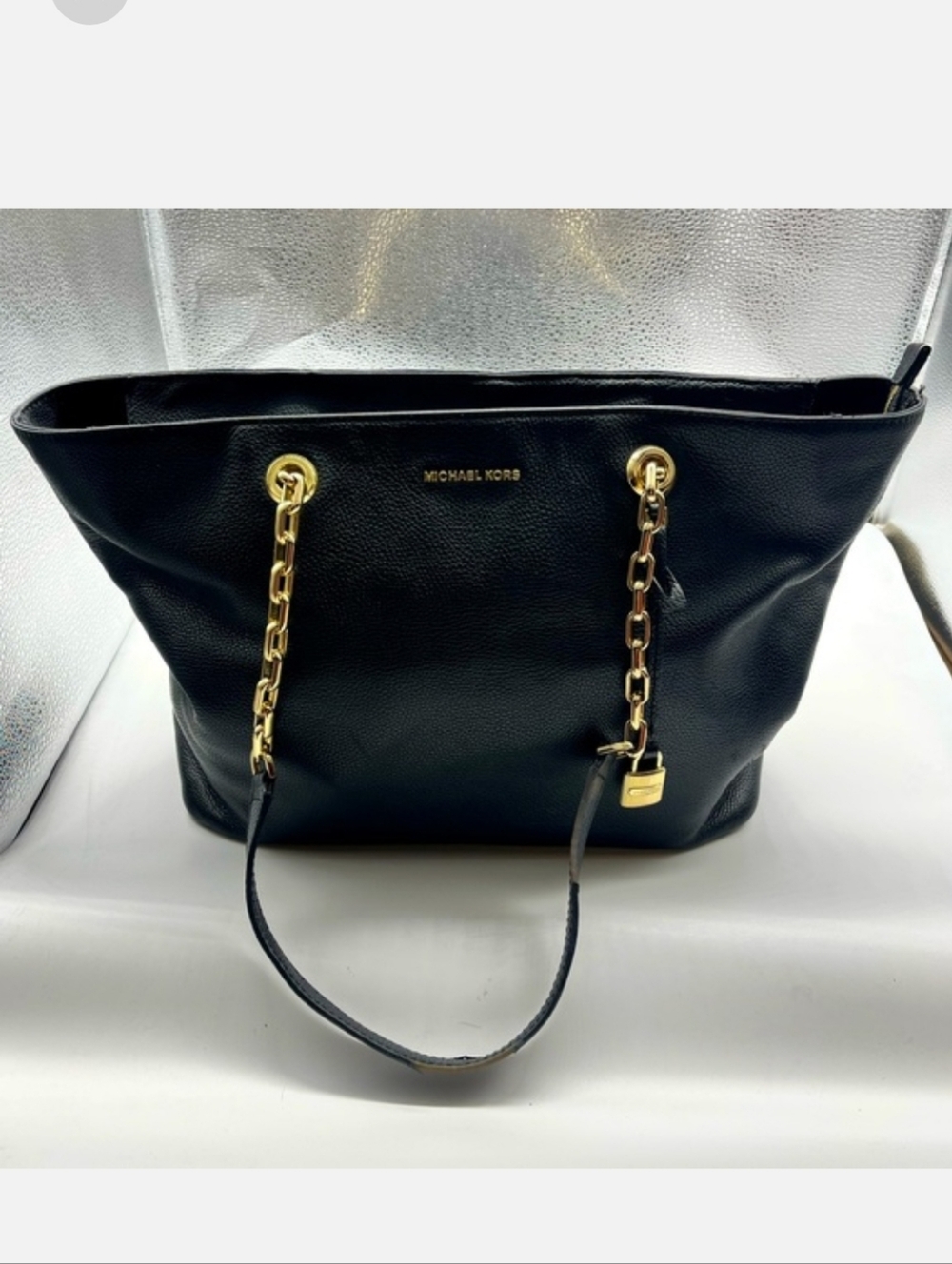 Michael Kors Black Pebnle Leather Tote with Gold Chain Handles Sz Large